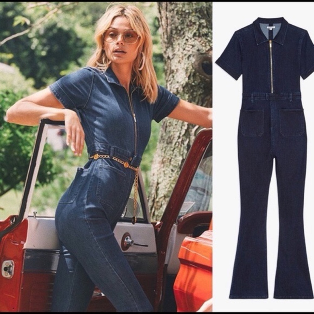 We Wore What Dark Wash Flare Denim 70’s Boho Zip Up Collar Flare Leg Jumpsuit